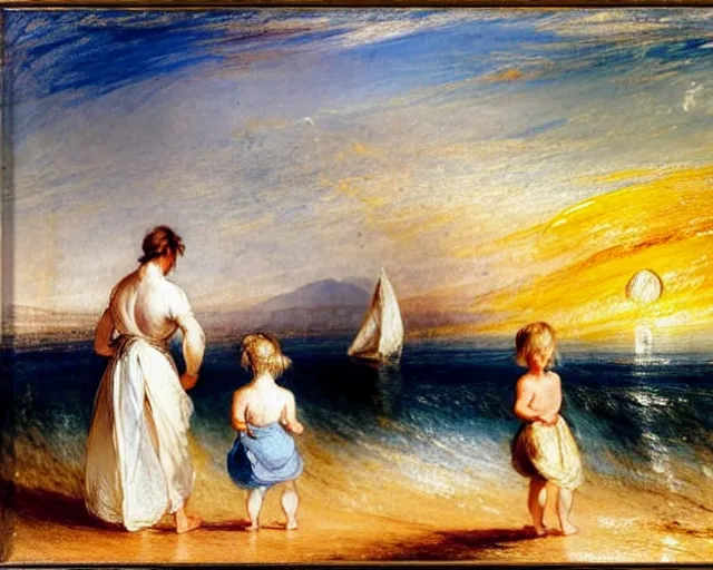 Image similar to a couple and a girl toddler on a beach in sardinia looking at the sunset, there is a sailing boat on the horizon, the woman has long dark hair, white sand, blue sky, summer, white and blue, painting by j. m. w. turner in 2 0 2 2