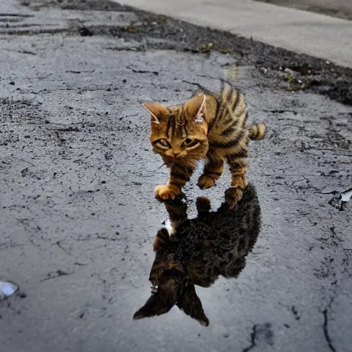 Prompt: a tabby cat jumping over a puddle of oil, reflections, destruction and fire in background, ash in the wind, intense