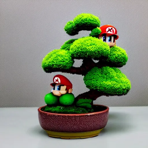 Prompt: a super mario brothers themed bonsai tree, cinematic lighting