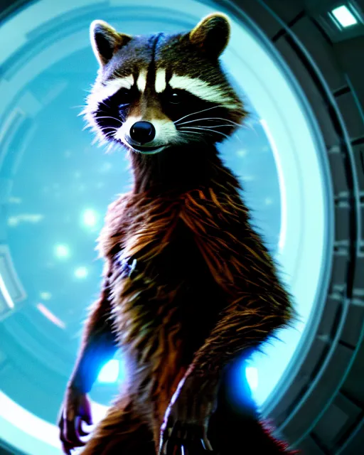 Image similar to film still of rocket the raccoon standing in the hallway of a space ship from guardians of the galaxy, soft volumetric lighting, cinematic, ridley scott, closeup portrait, confident action pose, octane