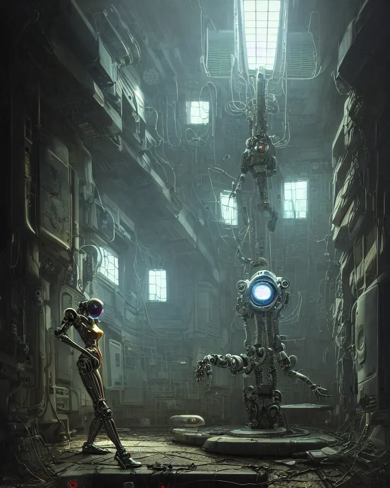 Image similar to low angle shot of a cyberpunk robot character inside a chernobyl room, intricate, elegant, highly detailed, centered, digital painting, artstation, concept art, smooth, sharp focus, illustration, artgerm, tomasz alen kopera, peter mohrbacher, donato giancola, joseph christian leyendecker, wlop, boris vallejo