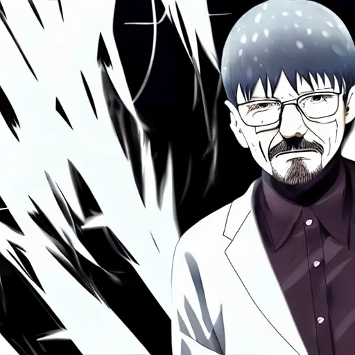 Image similar to walter white in tokyo ghoul anime, 4 k, hyper realistic, anime style, illustration