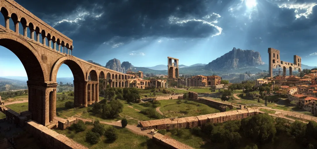 Image similar to epic view of giant roman aqueduct over beautiful italian city, clear blue skies, mountains and hills in the far background distance, unreal engine, dramatic lighting, detailed, ambient occlusion, global illumination, god rays, 3 d artstation render by greg rutowski and jessica rossier