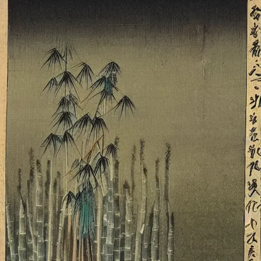 Image similar to 19th century Japanese enoki painting of a skinwalker in a bamboo forest