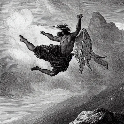 Image similar to A biblical painting of Jacob dropkicking an angel at the top of a mountain by Gustave Doré, black and white palette, Scenic, Dramatic, detailed, dropkick