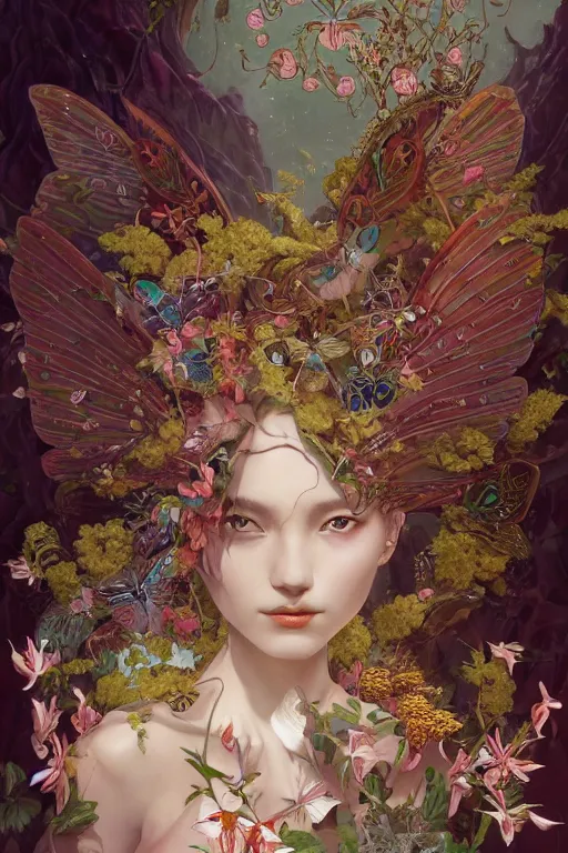 Image similar to breathtaking detailed concept art painting of the goddess of moth, orthodox saint, with anxious, piercing eyes, ornate background, amalgamation of leaves and flowers, by Hsiao-Ron Cheng, James jean, Miho Hirano, Hayao Miyazaki, extremely moody lighting, 8K