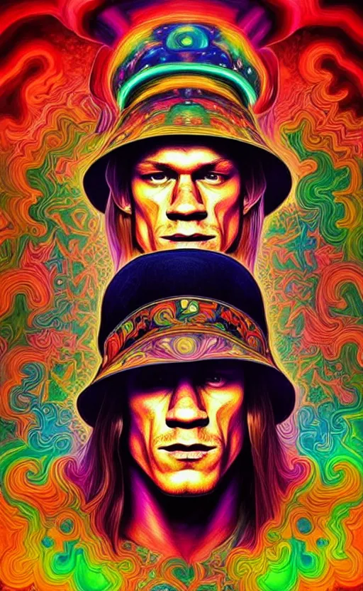 Image similar to An extremely psychedelic celestial John Cena in his black fedora hat, colorful, surreal, dramatic lighting, magic mushrooms, psilocybin, LSD, face, detailed, intricate, elegant, highly detailed, digital painting, artstation, concept art, smooth, sharp focus, illustration, art by Krenz Cushart and Artem Demura and alphonse mucha