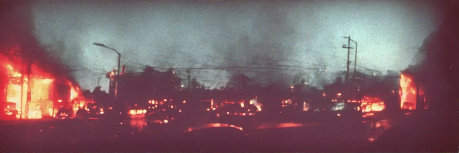 Prompt: 8 0 s polaroid photo, cinema still from david lynch movie, sleazy man watching night streets while a house burns in the background, colorful haze, americana, high production value, 8 k resolution, hyperrealistic, hdr, photorealistic, high definition, high details, tehnicolor, award - winning photography, masterpiece, amazing colors