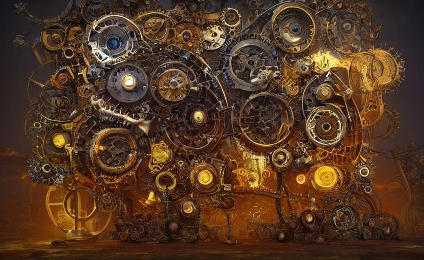 Image similar to “a psychedelic steampunk music machine made of intricate gears and industrial machine parts, by Vladimir kush , by Roger dean, By syd mead, by josip csoor, 8k resolution, realistic shadows, 3D, rendered in octane, volumetric lighting, hyper detailed, photorealistic, psychedelic”