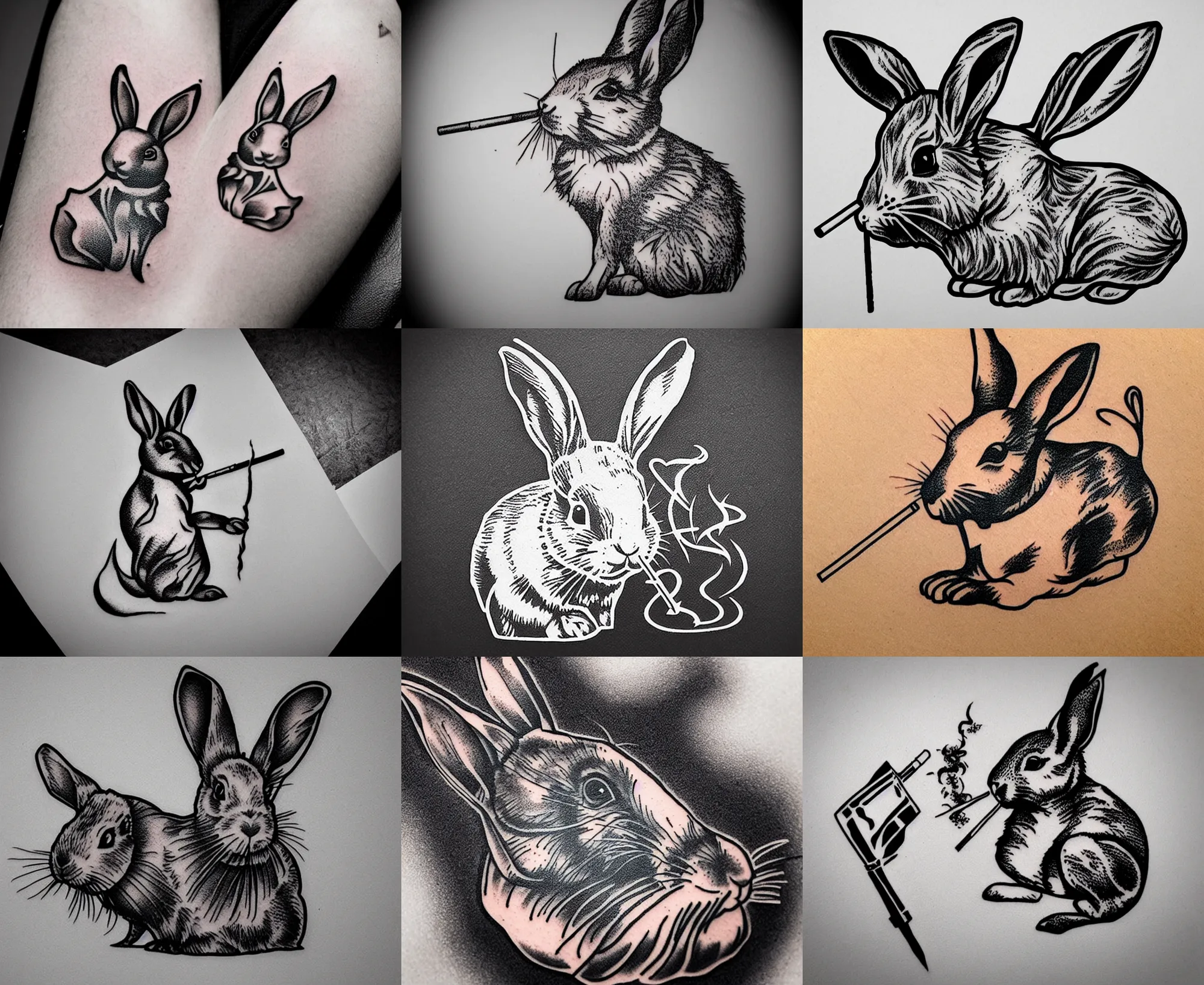 Prompt: well - detailed tattoo stencil of a rabbit smoking a cigarette