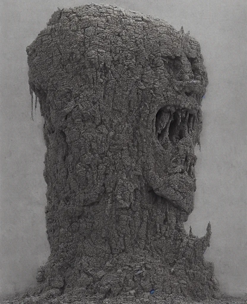 Prompt: giant monument head in the hell by zdislaw beksinski