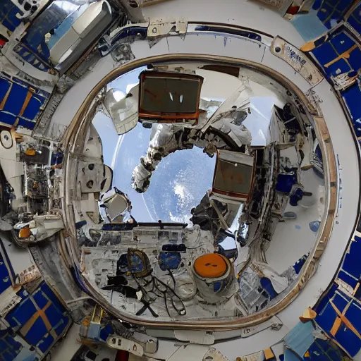 Image similar to A beautiful photograph of a spacecraft or space station in Earth's orbit. The space station has a large, central cylindrical section with several smaller attached modules. There are numerous antennae, dishes, and other communications equipment on the station, as well as a few large windows. There appear to be several people inside the station, working at various consoles and terminals. embroidery by Ralph McQuarrie, by Pete Turner sad