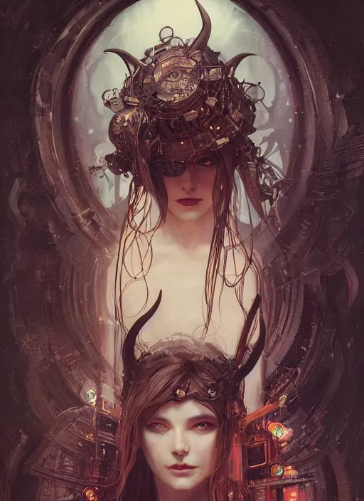 Image similar to a beautiful illustration of a cyberpunk witch with horns in head, intricate, sharp focus, illustration, highly detailed, digital painting, concept art, matte, art by wlop and artgerm and greg rutkowski and alphonse mucha, masterpiece