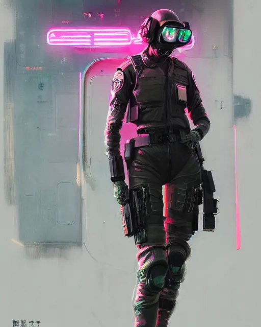 Image similar to detailed neon female swat officer flying a jet, cyberpunk futuristic, neon, reflective puffy coat, decorated with traditional japanese by ismail inceoglu dragan bibin hans thoma greg rutkowski alexandros pyromallis nekro rene margitte, wide angle, illustrated, perfect face, fine details, realistic shaded, fine - face, pretty face