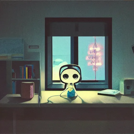 Image similar to a little girl with headphone by yoshitomo nara, in her room, 1 9 8 0, retrofuturism, clean, window, cat, bookself, vase, desk, at night, dramatic lighting, alien technology, detailed by simon stalenhag