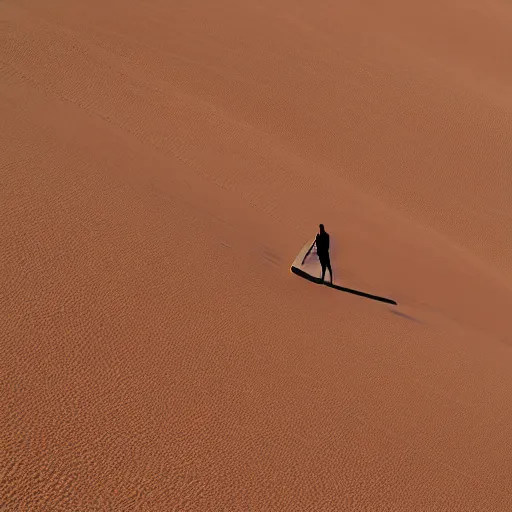 Prompt: zen republic rubian sandsurfing the dunes of the khali desert. red skin. cell shaded. high resolution