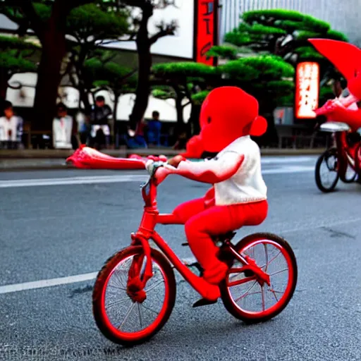 Image similar to tiny cute red dragons riding a bike in the streets of tokyo