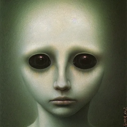 Image similar to portrait of pale girl with big eyes and black hairs by Beksinski