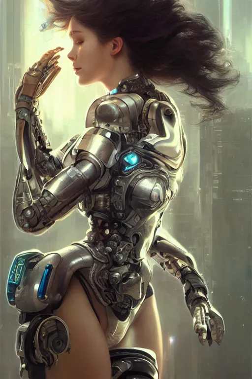 Prompt: Ultra realistic illustration, beautiful alluring female cyborg, cyberpunk, sci-fi, fantasy,smile, intricate, elegant, highly detailed, digital painting, artstation, concept art, smooth, sharp focus, illustration, art by Yintion J - Jiang Geping and artgerm and greg rutkowski and alphonse mucha.