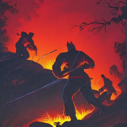 Image similar to torch wielding mob walking up a hill at night. Artwork by Frank Frazetta and dan Mumford. Horror feeling. Red and blue color scheme