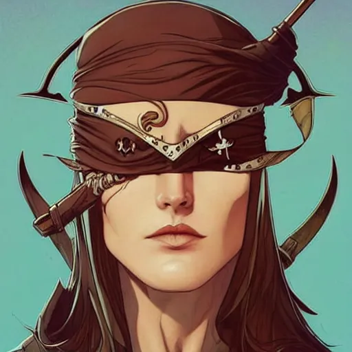 Prompt: Rafeal Albuquerque comic art, Joshua Middleton comic art, pretty female Phoebe Tonkin, pirate, eye patch over one eye, evil smile, symmetrical face, symmetrical eyes, pirate clothing, long wavy brown hair, full body::8 sunny weather::2
