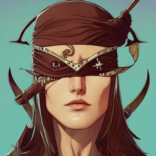 Image similar to Rafeal Albuquerque comic art, Joshua Middleton comic art, pretty female Phoebe Tonkin, pirate, eye patch over one eye, evil smile, symmetrical face, symmetrical eyes, pirate clothing, long wavy brown hair, full body::8 sunny weather::2