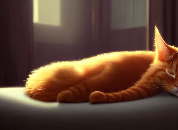 Prompt: a portrait of ginger cat, sleeping on a grey couch, close up, sun - rays, studio ghibli, pixar and disney animation, sharp, rendered in unreal engine 5, anime key art by greg rutkowski, bloom, dramatic lighting