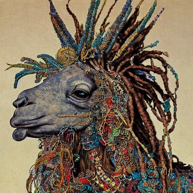 Image similar to llama with dreadlocks, detailed, by ernst haeckel, james jean, el anatsui, mandy jurgens, alphonse mucha, maxfield parrish