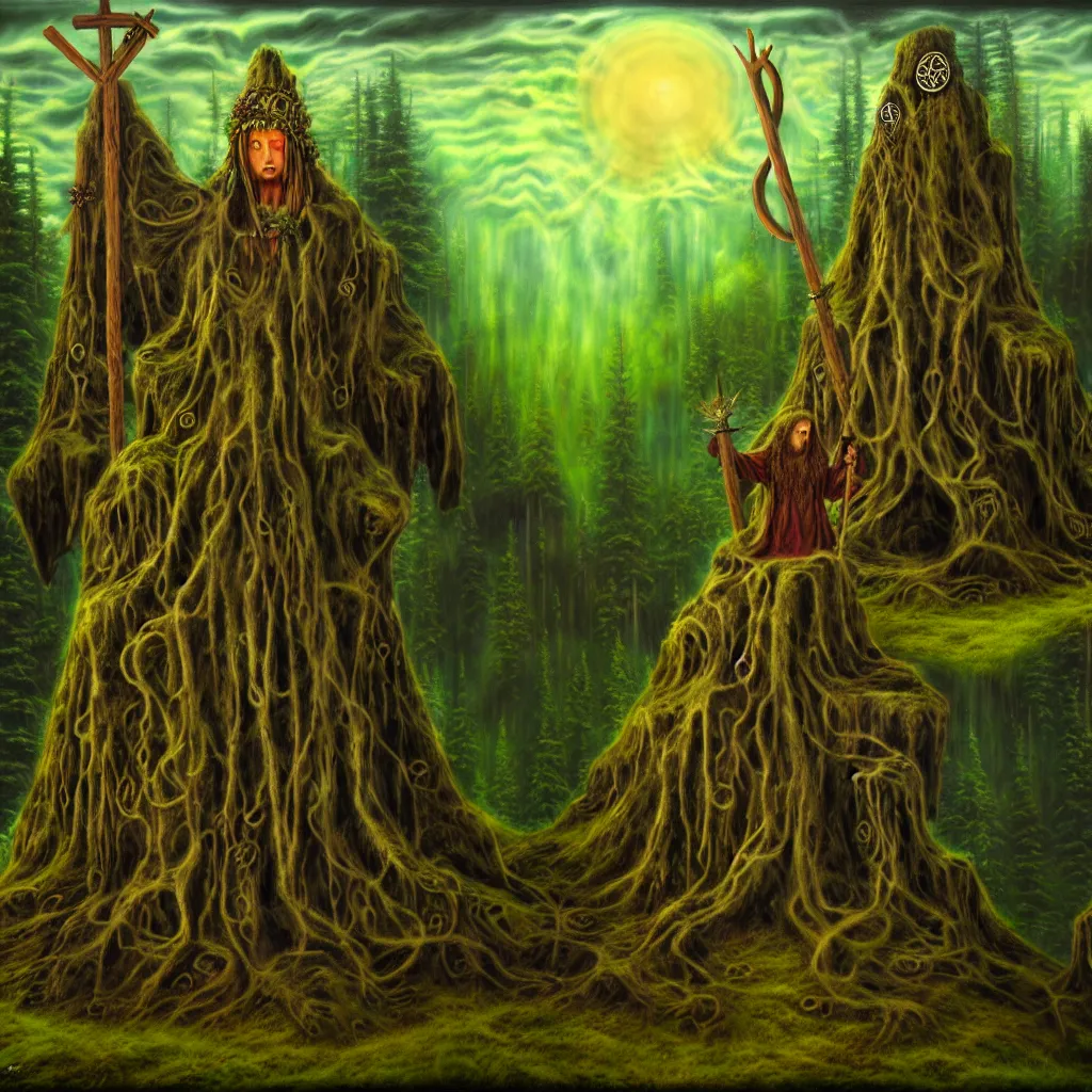 Prompt: druidic ritual, druids, wood totem, on a hill, a detailed matte painting, fantasy, depth of field, grim, dark, oil on canvas