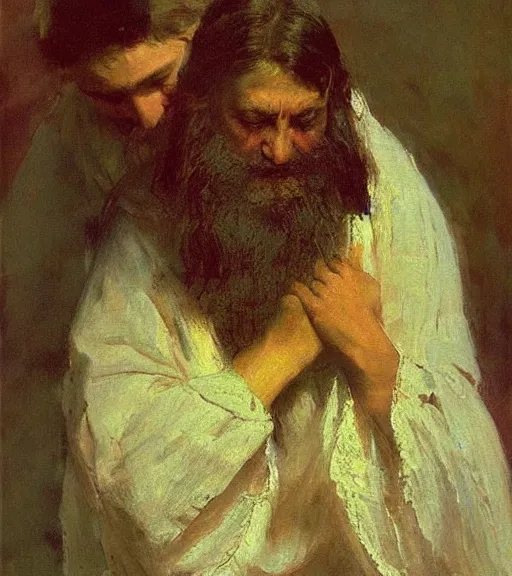 Prompt: high quality high detail painting by ilya repin, leaning towards jesus, hd