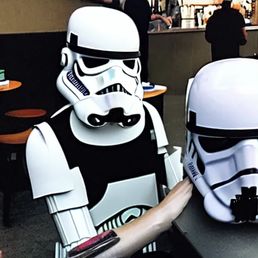Prompt: stormtrooper drinking starbucks