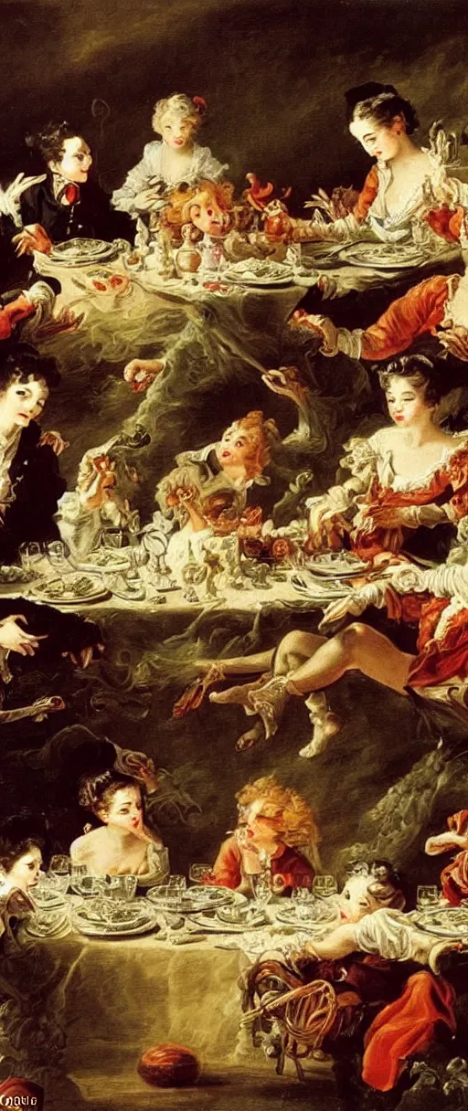 Prompt: vampires at a feasting dinner table with bones on plates super dreamy scary beautiful oil painting in the style of francois boucher