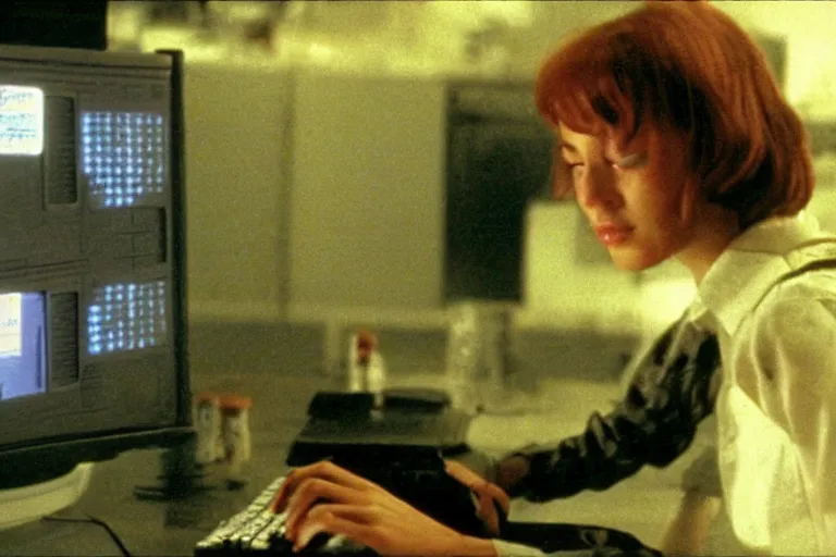 Image similar to alien catgirl using a computer to check her email submerged in translucent goo, over the shoulder perspective, in 1 9 8 5, y 2 k cybercore, industrial low - light photography, still from a kiyoshi kurosawa movie