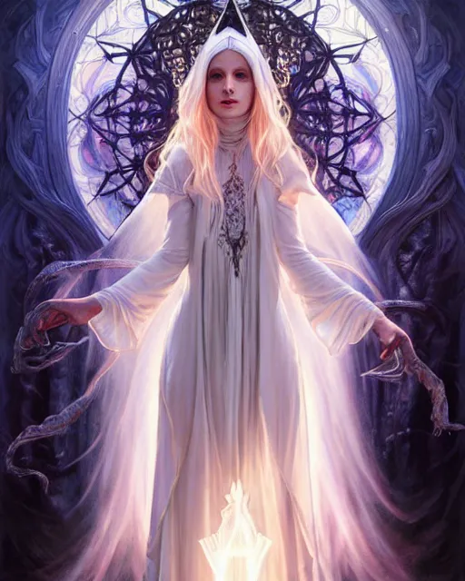 Prompt: realistic wide angle portrait of a beautiful white witch, standing, crafting spells, bright witch, beautiful face, fantasy, chaos, magic, dark magic, dramatic lighting, intricate, wild, highly detailed, digital painting, artstation, concept art, smooth, sharp focus, illustration, art by artgerm and greg rutkowski and alphonse mucha, footage from space camera