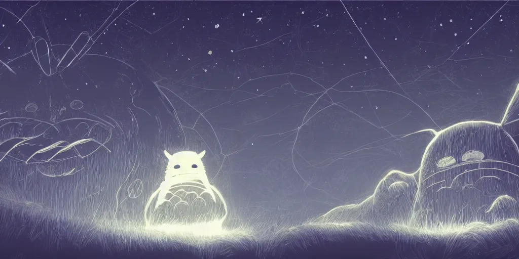 Image similar to glowing wireframe totoro, mountain landscape, night sky, digital art, digital painting, celestial