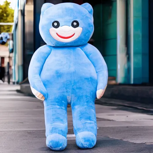 Image similar to blue'snappy gifts'human - sized plush doll, on sidewalk, holding gift, happy atmosphere, high detail, soft lighting, 8 k