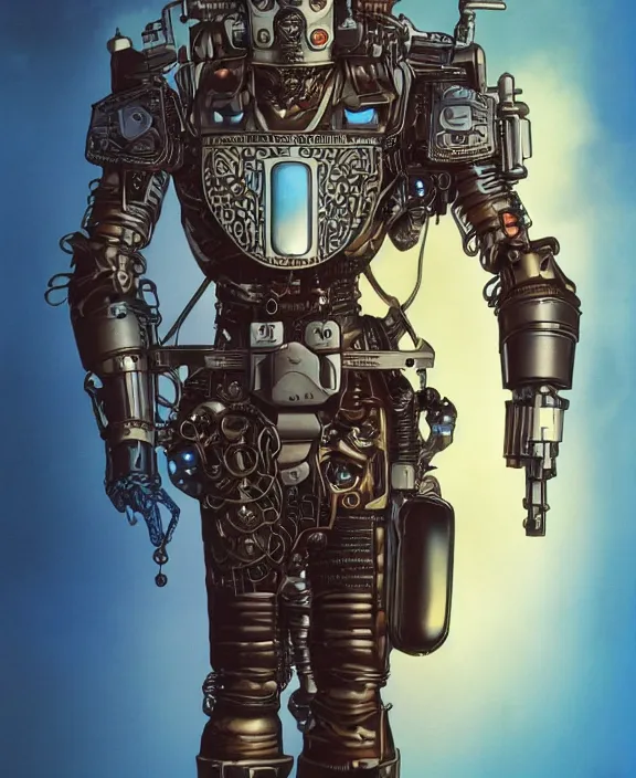 Prompt: a portrait of a cybernetic warrior with steampunk armour and a futuristic helmet with a cybernetic visor by Moebius, 4k resolution, photorealistic