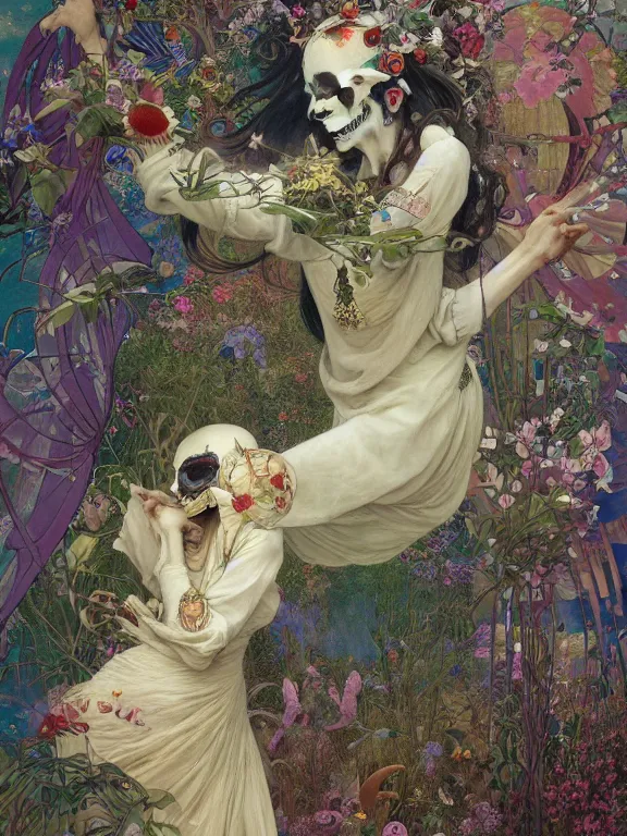 Prompt: skull - headed cyborg reaper dances in paradise garden dancing in paradise garden by mucha and jimmy lawlor and anna dittmann