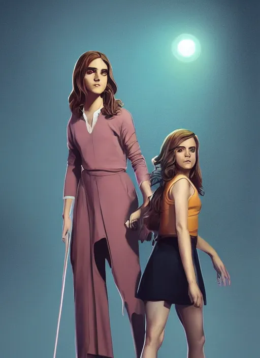 Image similar to poster artwork by Michael Whelan and Tomer Hanuka, Emma Watson and Kiernan Shipka in beauty pageant, clean, Matte painting, trending on artstation and unreal engine