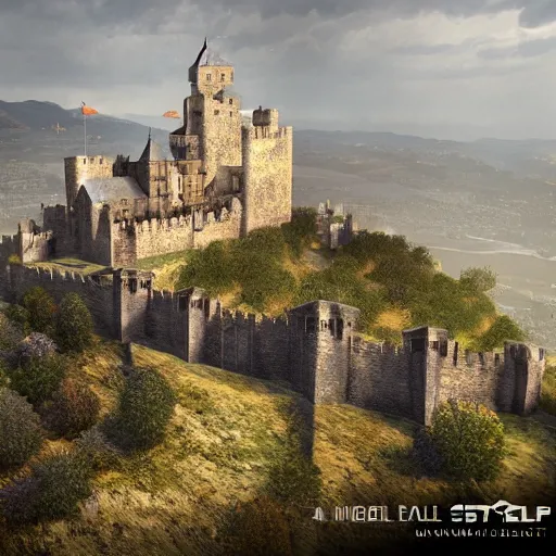 Image similar to A medieval castle on hills with a city below it, digital art, realistic, trending on artstation