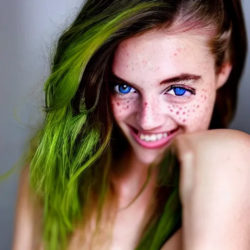 Image similar to a beautiful trending photo of over a ten million views from a beautiful freckled female fashion model's instagram account with her smiling and flashing her bright green eyes, she's is natural, easygoing and healthy, shot with nikon, leica, zeiss, 5 0 mm lens, flash fill, f 1. 8 depth of field, 8 k, professional!!!