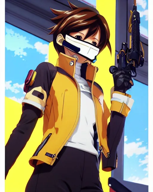 Image similar to Anime as Tracer Overwatch wearing brown leather-coat; wearing mask; wearing yellow tight fit pants || cute-fine-face, pretty face, realistic shaded Perfect face, fine details. Anime. realistic shaded lighting poster by Ilya Kuvshinov katsuhiro otomo ghost-in-the-shell, magali villeneuve, artgerm, Jeremy Lipkin and Michael Garmash and Rob Rey as Overwatch Tracer cute smile