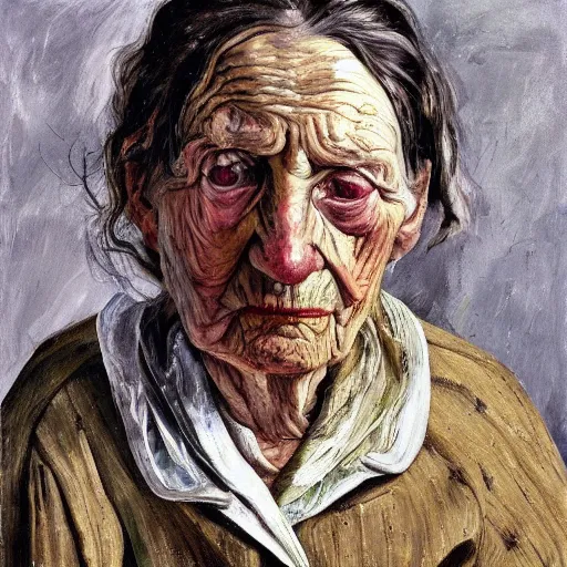 Image similar to Oil painting Portrait of a sad old Woman, by Lucian Freud, Abstract brush strokes, Masterpiece