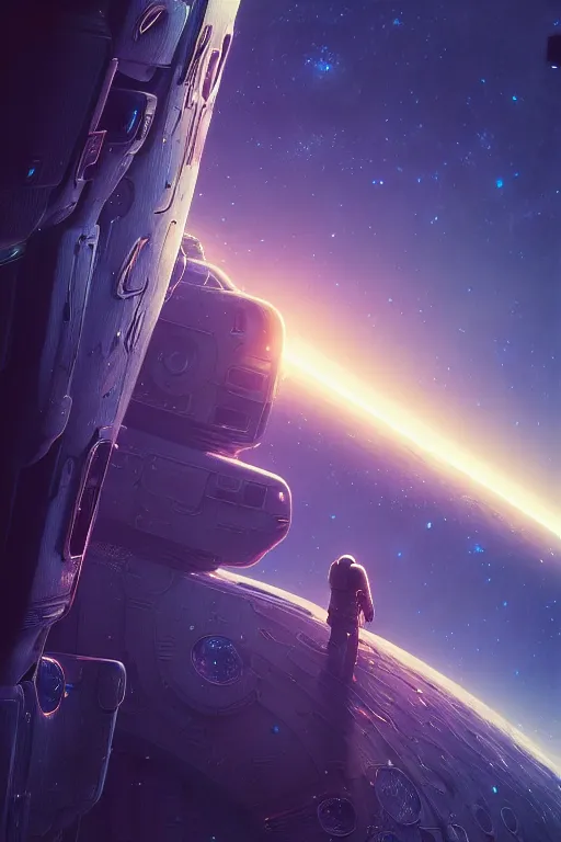 Image similar to nomad, sad in spaceship, gazing at view of galaxy in space through a window, intricate detailed environment, photorealistic!, octane render, mechanical, concept art, cinematic lighting, digital art, interstellar, hyper realism, sharp, cyberpunk, 8 k, de dia los muertos. by angus mckie, moebius, maciej kuciara