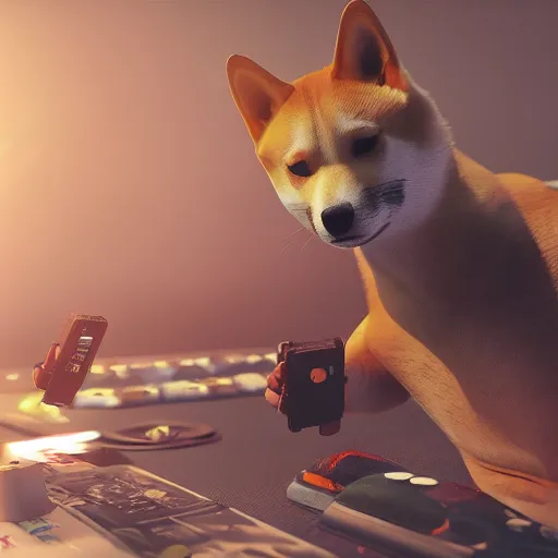 Image similar to photo of shibe playing video - game, realism, realistic, photorealism, f 3. 5, photography, octane render, trending on artstation, unreal engine, cinema 4 d