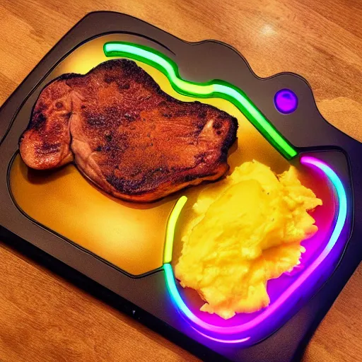 Image similar to neon gamer porkchops and mashed potatos by razer, HD, trending on artstation, instagram post, -H 640