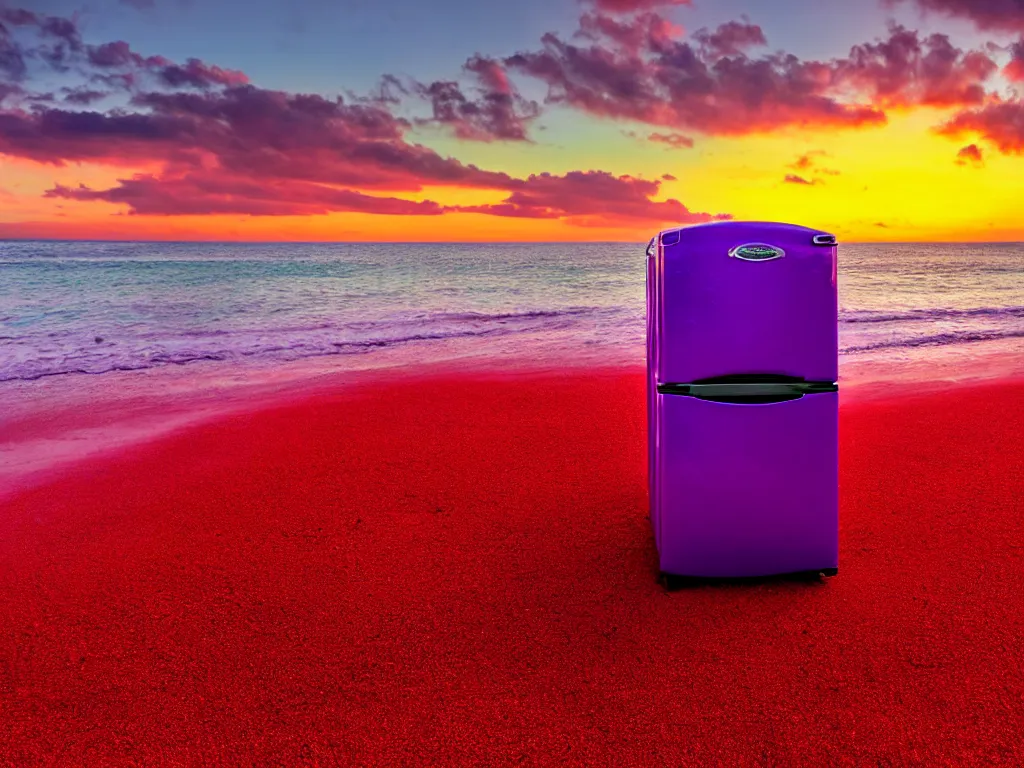 Image similar to purple refrigerator, red sand beach, green ocean, nebula sunset