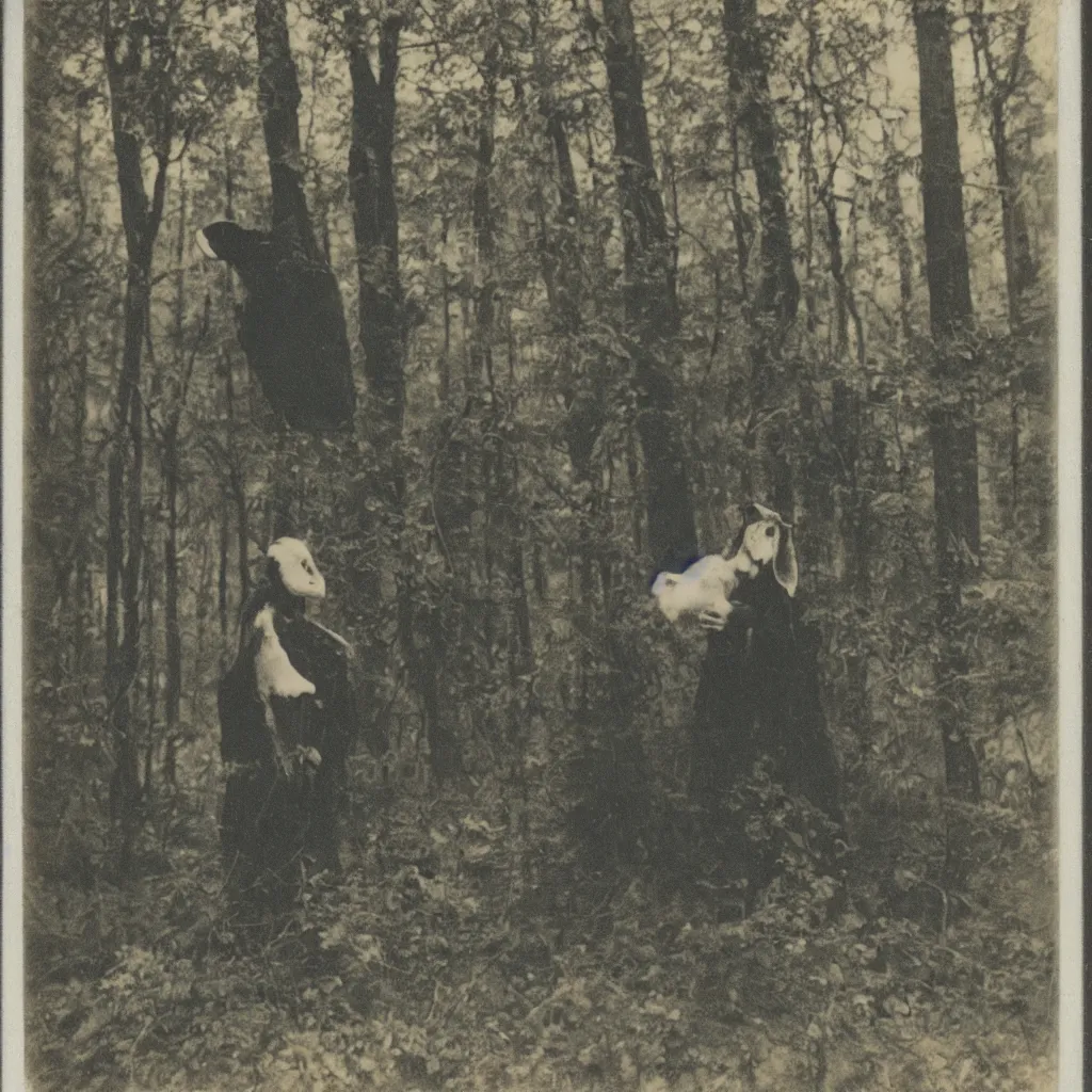 Prompt: polaroid vintage of a woman with black goat mask in the forest, occult