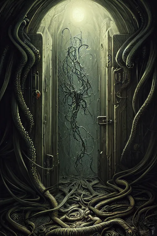 Prompt: cthulhu's wooden door by anna podedworna, ayami kojima, greg rutkowski, giger, maxim verehin