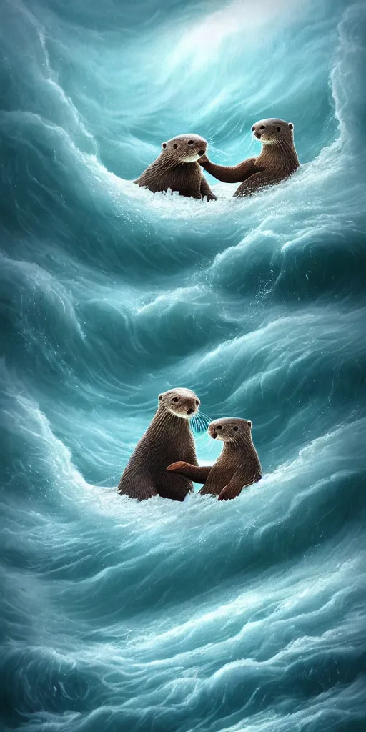 Image similar to An adorable otter saving his sleeping wife from the whirlpool, in love, holding hands side by side, in the middle of a super scary storm at sea, thunder, lightning, waves, fantasy illustration, cinematic, award winning, romantic, detailed trending on artstation, masterpiece